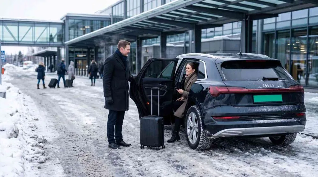Driver helping a passenger into a car outside Oslo Airport in winter